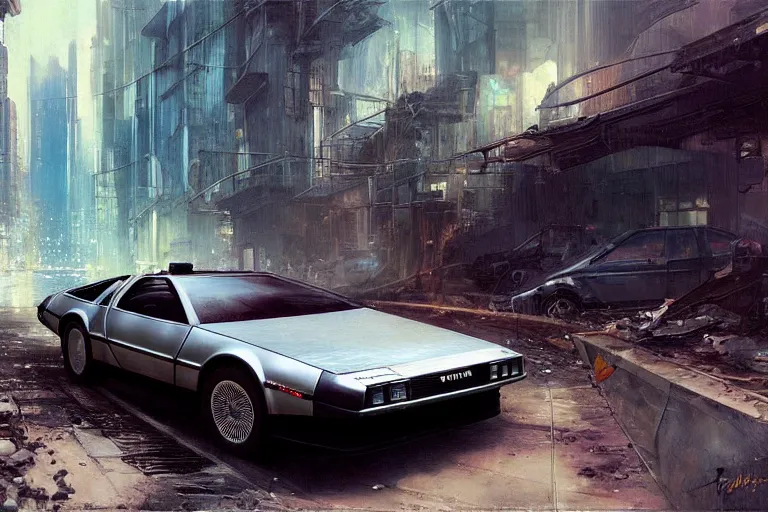 Image similar to photograph of the delorean, with a sleek spoiler, driving down the streets of a cyberpunk abandoned city, by greg rutkowski, by stanley artgerm, by alphonse mucha