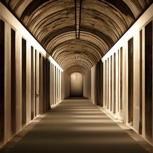 Prompt: a long shadowy asylum hallway at night, arched ceiling, one point perspective, vanishing point, symmetrical composition, rich colors, dramatic lighting, by lee madgwick, photorealistic, v - ray render 8 k uhd