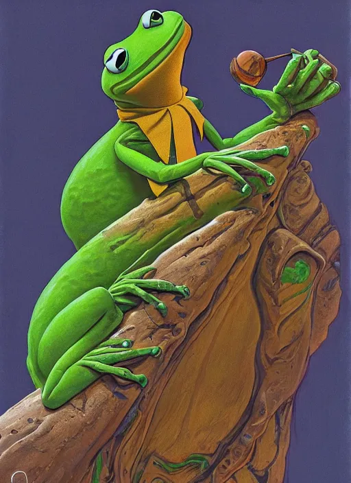 Image similar to portrait of kermit the frog in the fly ( 1 9 8 6 ), highly detailed, centered, solid color background, digital painting, artstation, concept art, smooth, sharp focus, illustration, artgerm, donato giancola, joseph christian leyendecker, les edwards, ed repka, wlop, artgerm