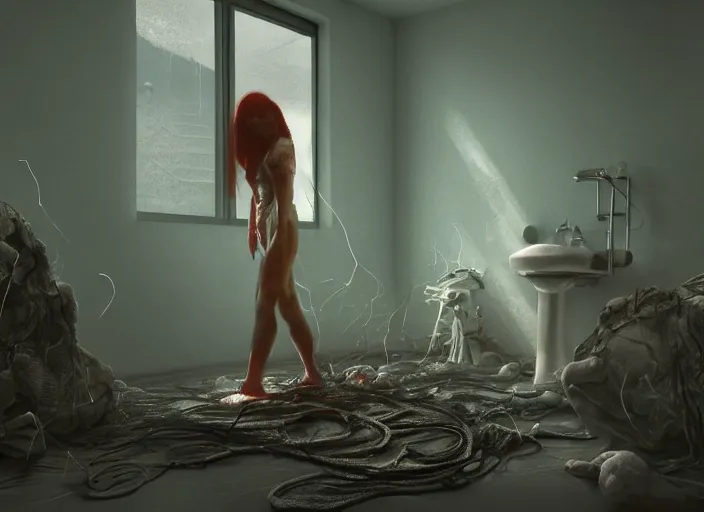 Image similar to rgb, woman, destroyed bathroom, cinematic, movie scene, inspired by zdzislaw beksinski, new zealand landscape, clothes made out of veins,, cables everywhere, bedroom, ultra realistic, concept art, intricate details, highly detailed, photorealistic, octane render, 8 k