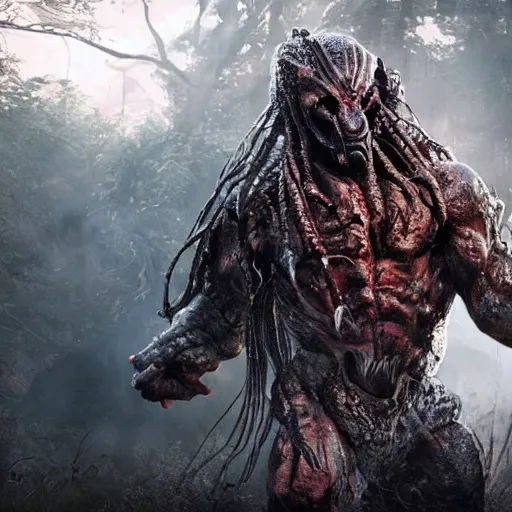 Image similar to predator from movie, full body picture, wide angle view, sci-fi, high definition details hyperrealistic, digital art, artstasion, deep depth of field