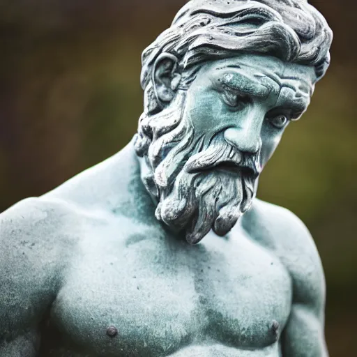 Prompt: statue of frustrated Poseidon very annoyed and complaining to other people, Sigma 85mm f/1.4