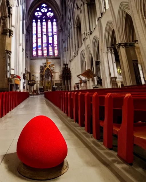 Image similar to inside the cathedral, a red mushroom grows on the thorns on the ground inside the church