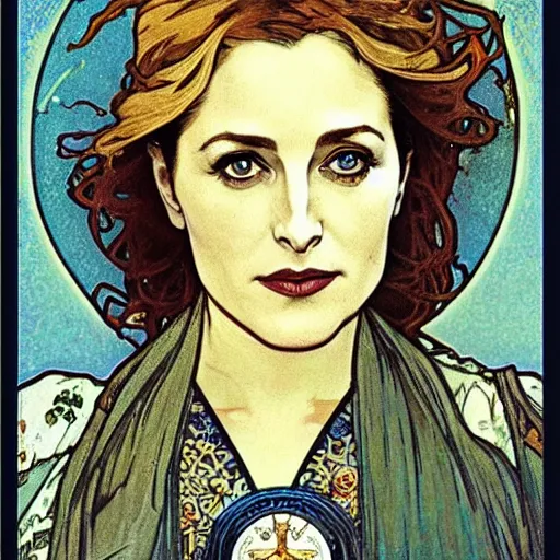 Image similar to gillian anderson portrait by louis - theophile hingre and alphonse mucha, realistic, sharp focus, zodiac signs, tarot cards, planets, ethereal, art nouveau, magic, moon, sun, crown, dreamy, royal, jewellery