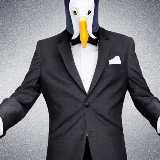 Prompt: stock photo of a man in a suit wearing a latex mask of a shoebill stork, realistic proportions, white background, rim lighting, dramatic