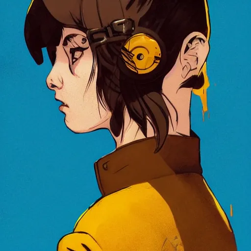 Image similar to Highly detailed portrait of a punk slightly zombifiedyoung lady by Atey Ghailan, by Loish, by Bryan Lee O'Malley, by Cliff Chiang, inspired by image comics, inspired by graphic novel cover art !!!Yellow, brown, black and cyan color scheme ((dark blue moody background))