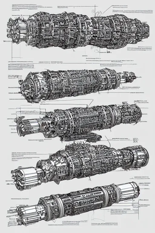 Image similar to aesthetically pleasant technical drawing of an open - source nuclear weapon machinery, hyperdetailed, complex, intricate, exploded view!!, 4 k, trending on artstation