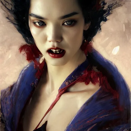 Image similar to detailed cinematic wide shot of tao okamoto beautiful attractive vampire woman slim face symettrical face clean skin blue eyes black robe smooth, sharp focus, ultra realistic, spring light, painting by gaston bussiere, craig mullins, j. c. leyendecker