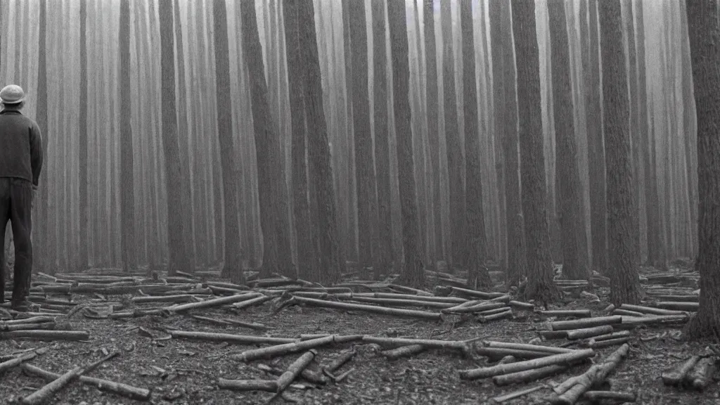 Prompt: a man working in a wood factory made of wood, film still from the movie directed by wes anderson with art direction by zdzisław beksinski and m. c. escher, wide lens