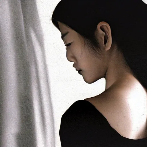 Prompt: filmstill, over the shoulder, upper body, photography of asian girl model looking to camera, black lips, black kimono, black pagoda, sad mood, god rays, volumetric light, lightbeams, art noveau style, neobrutalistic, liquid acrylic paint fluid, painted by monet and kandinski, photography, hypperrealistic, beautiful details, smooth illustration