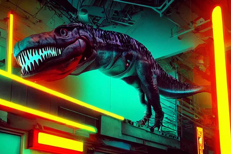 Prompt: poster of a T-Rex thick neon lights, ektachrome photograph, volumetric lighting, f8 aperture, cinematic Eastman 5384 film