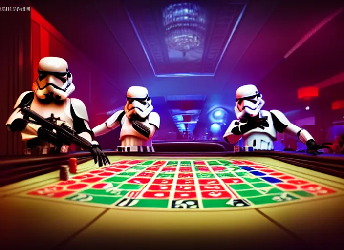 Image similar to a photo of two stormtroopers playing roulette in las vegas casino, ultra wide shot, 2 4 mm, bokeh, blurred background, colorful lights, golden ratio, sci fi, fantasy, cyberpunk, intricate, decadent, highly detailed, digital painting, octane render, artstation, concept art, smooth, sharp focus, illustration, art by loish, wlop