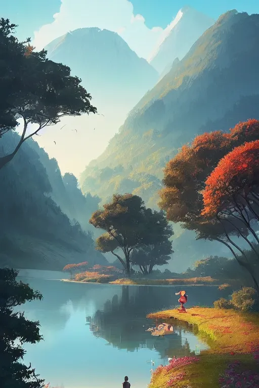 Prompt: beautiful matte painting by goro fujita concept art fantasy path mountains and meadow in the background near a lake reflecting the trees, atmospheric lighting, painted, intricate, volumetric lighting, beautiful, rich deep colors masterpiece, sharp focus, ultra detailed by