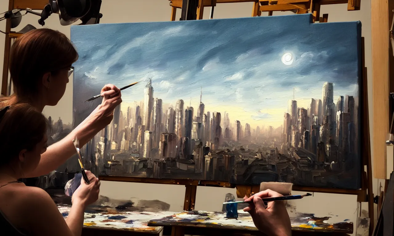 Image similar to the android carefully painting an oil painting in their natural - lit studio overlooking the city. photorealistic. intricate details. 3 5 mm photograph. dramatic lighting. action shot. absolute focus. masterpiece.