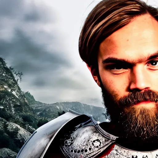 Image similar to PewDiePie in a knight's armor, photorealistic, shot on iphone, cinematic lighting,