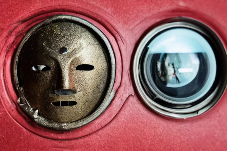 Image similar to a man in a metal mask with red cloak in full armor staring at you through a door peephole. fisheye lense