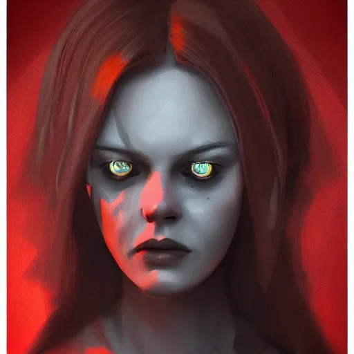 Image similar to shameless woman whis impudent facial expression, shadow of catholic church cross, elegant, dark and mysterious, atmospheric, red, trending on artstation, highly detailed, digital painting, volumetric light, concept art, illustration