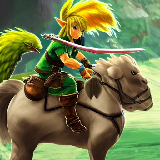 Image similar to legend of zelda link riding an amoured chocobo