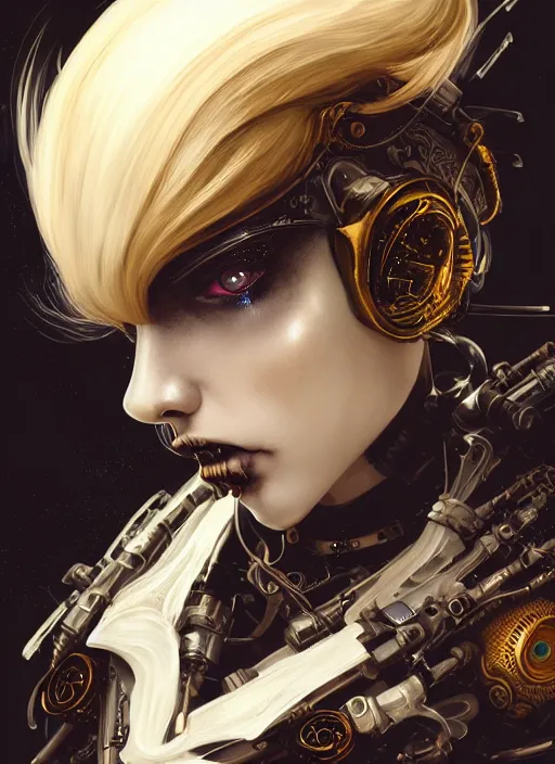 Image similar to soft lustrous ivory ebony biotech raver gutter punk gothic steampunk cyborg, golden ratio, details, scifi, fantasy, cyberpunk, intricate, decadent, highly detailed, digital painting, octane render, artstation, concept art, smooth, sharp focus, illustration, art by artgerm, loish, wlop