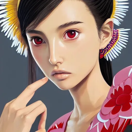 Image similar to a beautiful young japanese natalie portman alluring gravure model, stylized concept art, wearing elegant designer bomber jacket and one piece bikini, bomber jacket with mesoamerican patterns, mesoamerican native street fashion, princess mononoke, painted by ilya kuvshinov aesthetic, gorgeous, stunning, alluring, attractive, artstation, pinterest, digital art