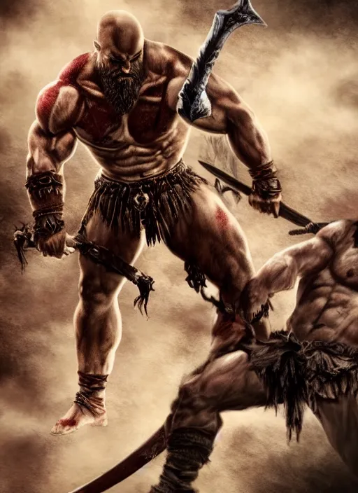 Prompt: a highly detailed beautiful 3 5 mm closeup photo of jason momoa kratos hybrid god of war holding a sword and fighting zombies on a pile of human skulls, spartan warrior, olympian god, muscular!, frank frazetta, boris vallejo, action pose, ambient lighting, volumetric lighting, octane, fantasy