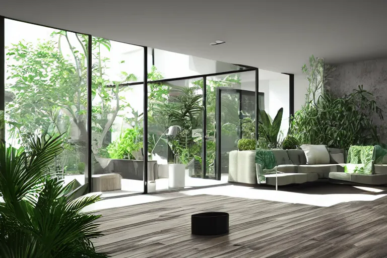 Prompt: a modern indoor room, open doors to garden, architecture a couch table some lush plants daylight 8 k octane render