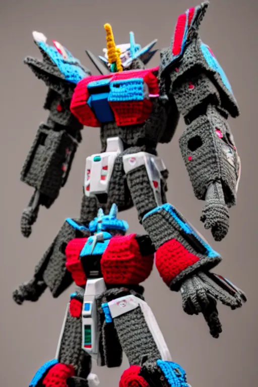 Image similar to a crochet gundam mecha, Sigma 50 mm f/1.4