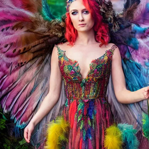 Image similar to Queen of the fae wearing a sleeveless feathered gown, holding court, intricate, colorful, 4k