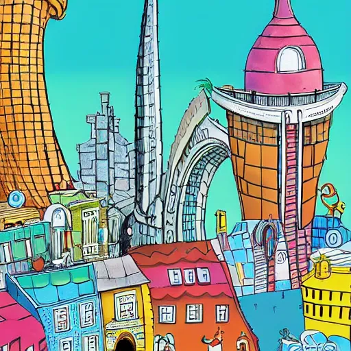 Image similar to fanciful city filled with curvy buildings, by dr seuss, oh the places you'll go, arches, platforms, towers, bridges, stairs, colorful kids book illustration