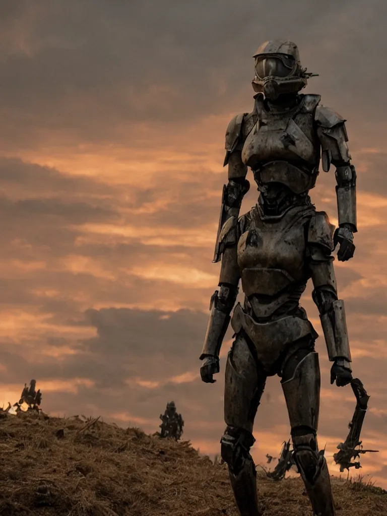 Image similar to emily blunt in futuristic power armor, alone, standing atop a hill, raising her sword, edge of tomorrow movie, angel of verdun, sunset