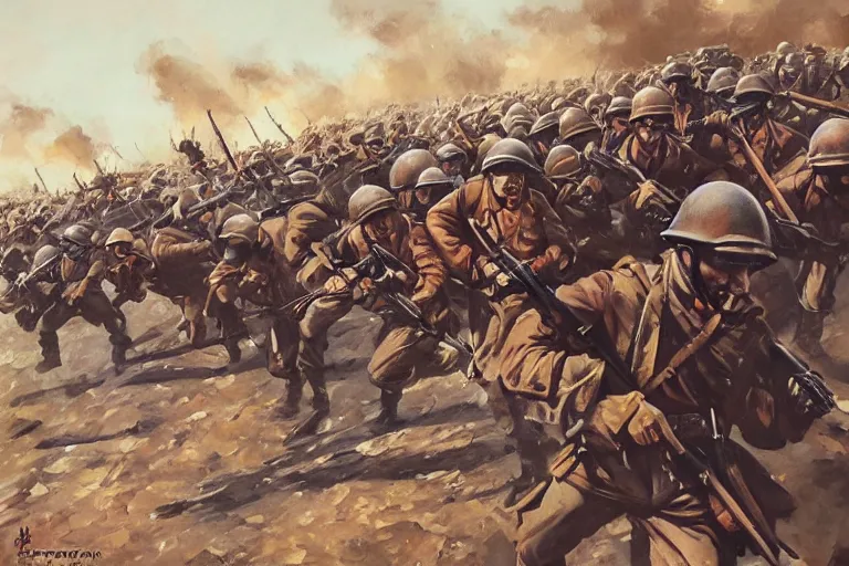Prompt: infantry charging across a bridge, spanish civil war 1 9 3 7, intense vibrant, oil painting by ferrer dalmau, trending on artstation