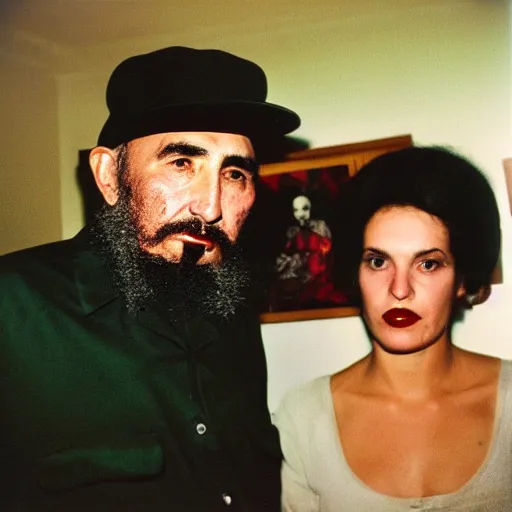 Prompt: fidel castro wearing goth clothing, polaroid, by nan goldin