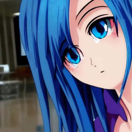 Image similar to Ami is a 14 year old anime girl who has short, very dark blue hair that reaches her neck, and dark blue eyes. She stands at about 157 cm or 5 feet 2 inches. She is shy and wears trendy clothes