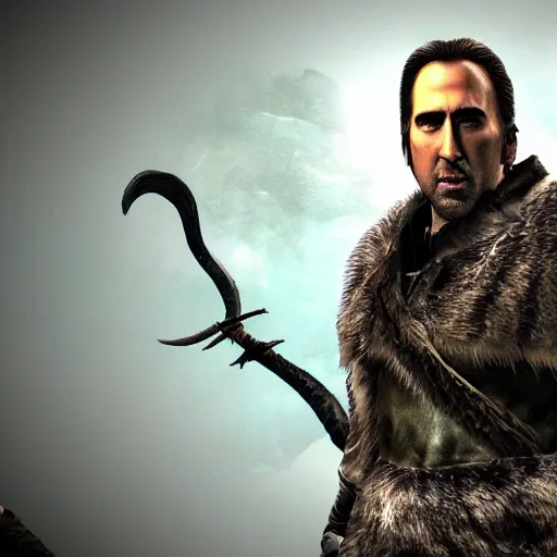 Image similar to Nicholas Cage as a Skyrim character, very detailed, Playstation 1 graphics, whole body, 4k