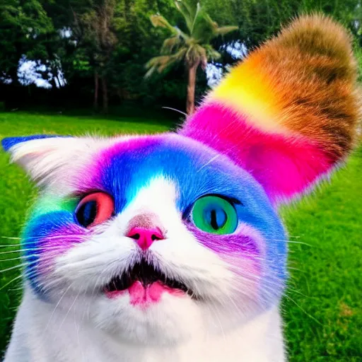 Prompt: vacation photos postcard from gizmo the rotund rainbow kitty with rainbow fur, a pink nose, multicolored eyes heterochromia cute wild adventures and travel to glorious locations