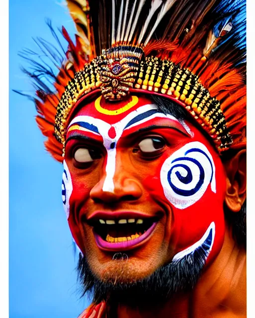 Image similar to photo of Dwayne Johnson as a Dramatic Theyyam male dancer with painted face wearing traditional theyyam costume in the style of stefan kostic, full body, feather native american headgear, realistic, sharp focus, symmetric, 8k high definition, insanely detailed, intricate, elegant, art by stanley lau and artgerm, Hajime Sorayama, William-Adolphe Bouguereau