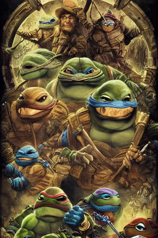 Prompt: portrait of jim henson ninja turtles movie across the ages , frazetta themed, insanely detailed and intricate, golden ratio, elegant,cinematic