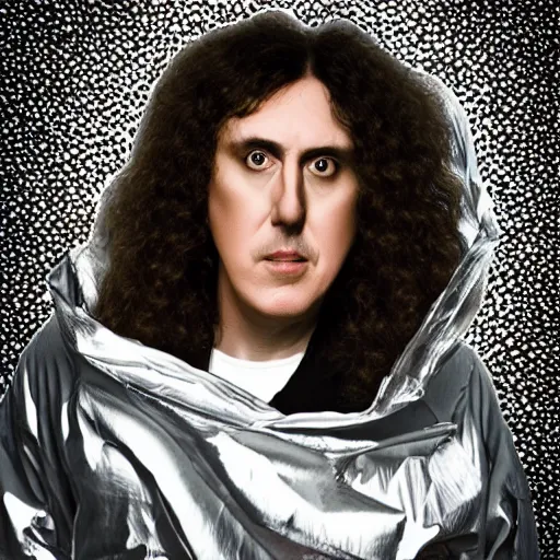 Image similar to weird al yankovic wrapped in foil, digital photography, highly detailed, portrait