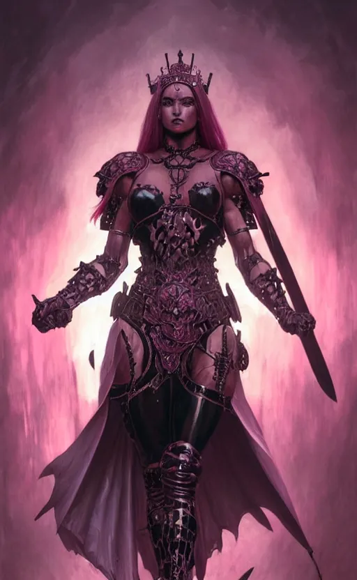 Prompt: Gothic muscular warrior queen in pink and black mythical heavy armor of thick steel plates, fantasy, highly detailed, digital painting, artstation, concept art, smooth, sharp focus, illustration, art by artgerm and greg rutkowski and alphonse mucha