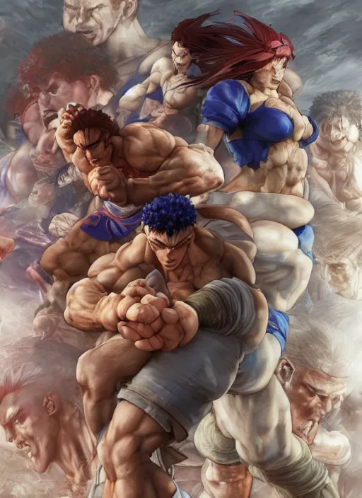 Image similar to street fighter x baki, naturel, hyper detailed, digital art, trending in artstation, cinematic lighting, studio quality, smooth render, unreal engine 5 rendered, octane rendered, art style by klimt and nixeu and ian sprigger and wlop and krenz cushart