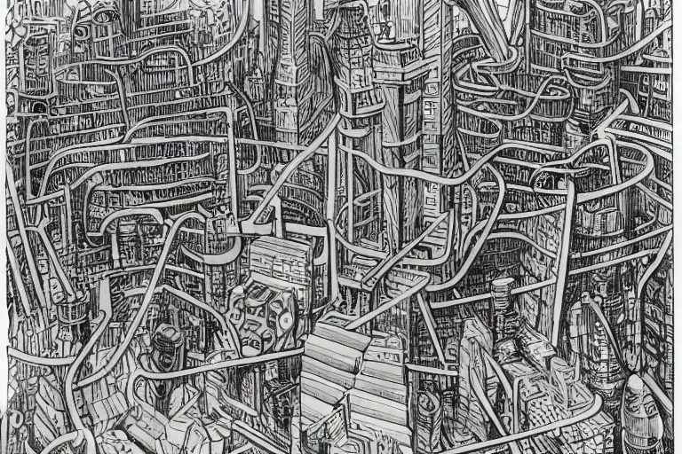 Image similar to an elaborate penned child illustration of an intricate connected city of tubes and pipes, by martin handford and by jan van haasteren and by simon bisley and by jack kirby