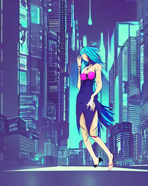 Image similar to cel shaded art of a pretty blue haired girl wearing a dress, cyberpunk city street background