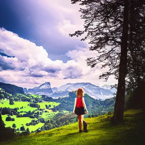 Image similar to a beautiful photograph of a girl with switzerland landscape in the background with trees, hdr, 8 k, high quality, sharp focus, artstation, highly detailed, award - winning, dramatic lighting, beautiful clouds, and nature