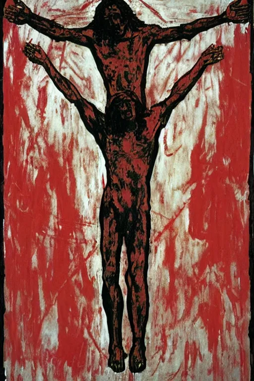 Image similar to bloody jesus christ crucified with a ufo of light above him painted by cy twombly and andy warhol