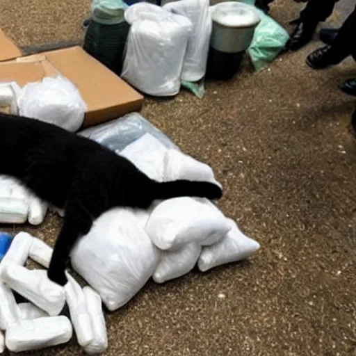 Prompt: A tuxedo cat lying on top of a pile of narcotics seized by the authorities with the police in the back, photo from the police