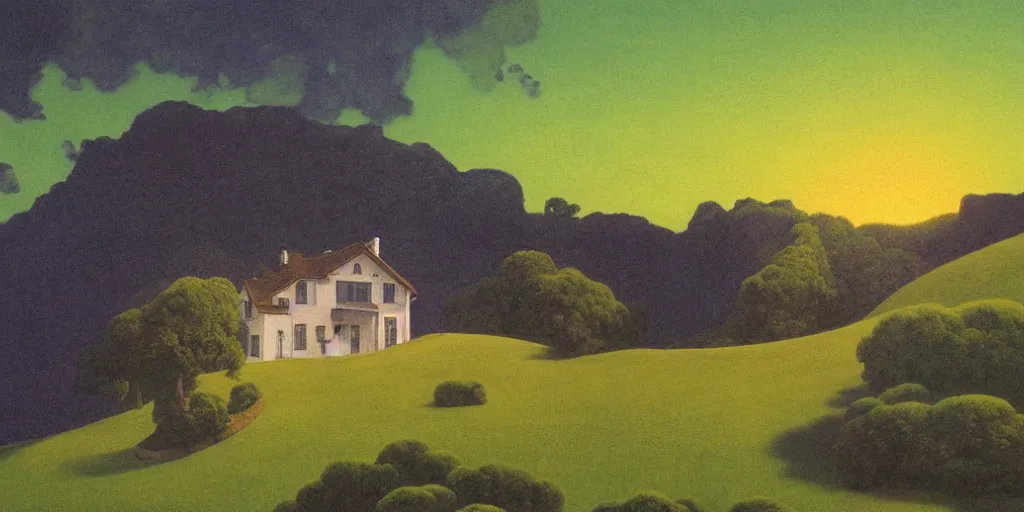 Prompt: a painting of a house with green sides, on top of a hill, with a sunset, in the style of maxfield parrish