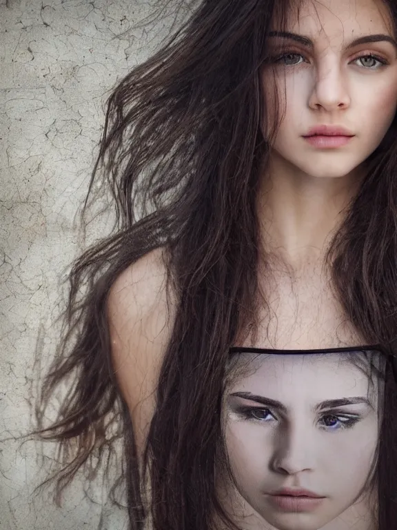 Image similar to hyperdetailed photo of a beautiful italian girl, brown eyes, dark hair, winds of winter, with ripped transparent crop t - shirt