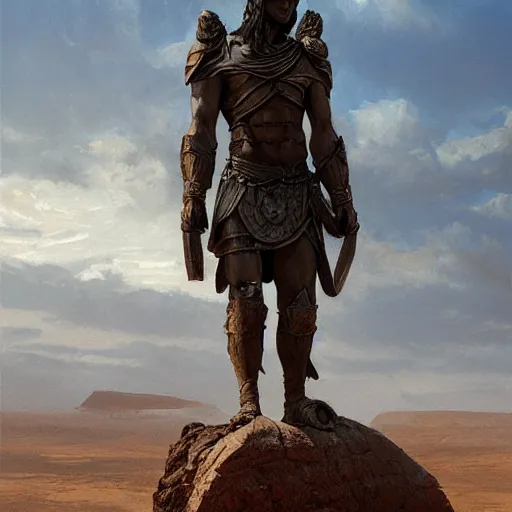 Prompt: Panorama view of a giant stone statue of a warrior emerging from a desert, oil painting, by Greg Rutkowski