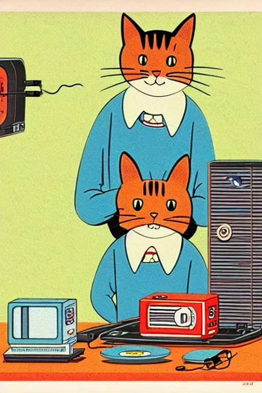 Prompt: by richard scarry. a cat trying to set up a router. a 1 9 5 0 s retro illustration. studio ghibli. muted colors, detailed