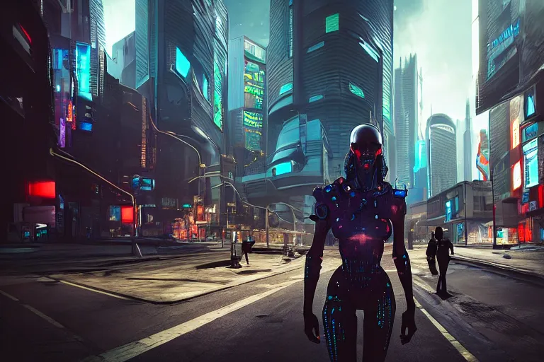 Prompt: cyberpunk alien concept inspired street, futuristic look, highly detailed body, very powerful, photorealistic camera shot, bright studio setting, studio lighting, crisp quality and light reflections, unreal engine 5 quality render